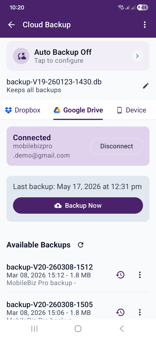 Backup settings