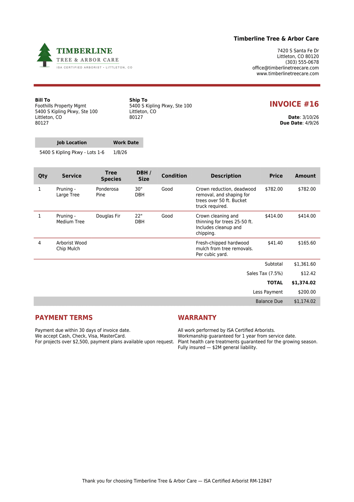 Sample invoice for Timberline Tree & Arbor Care