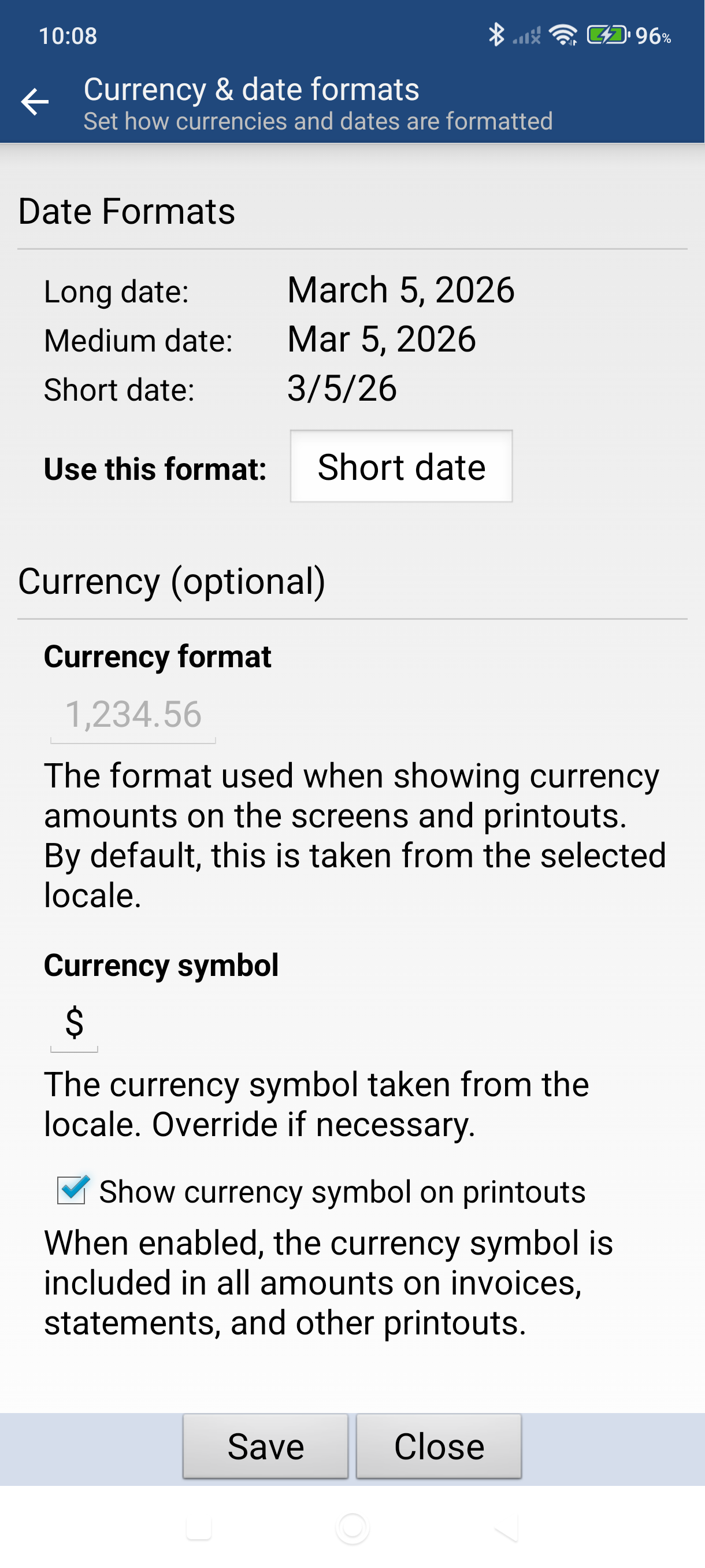 Currency symbol and Show currency symbol on printouts checkbox
