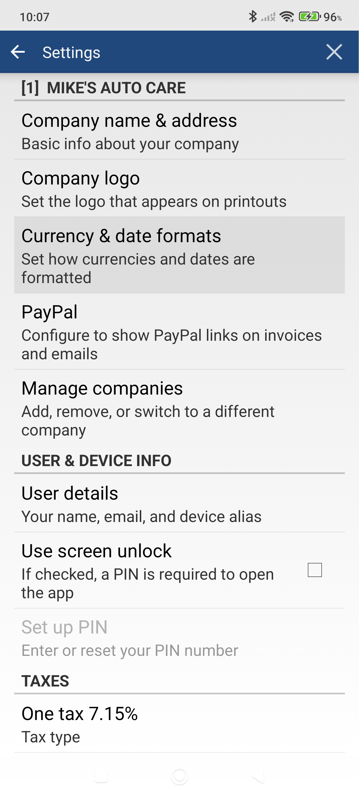 Settings screen showing Currency & date formats option