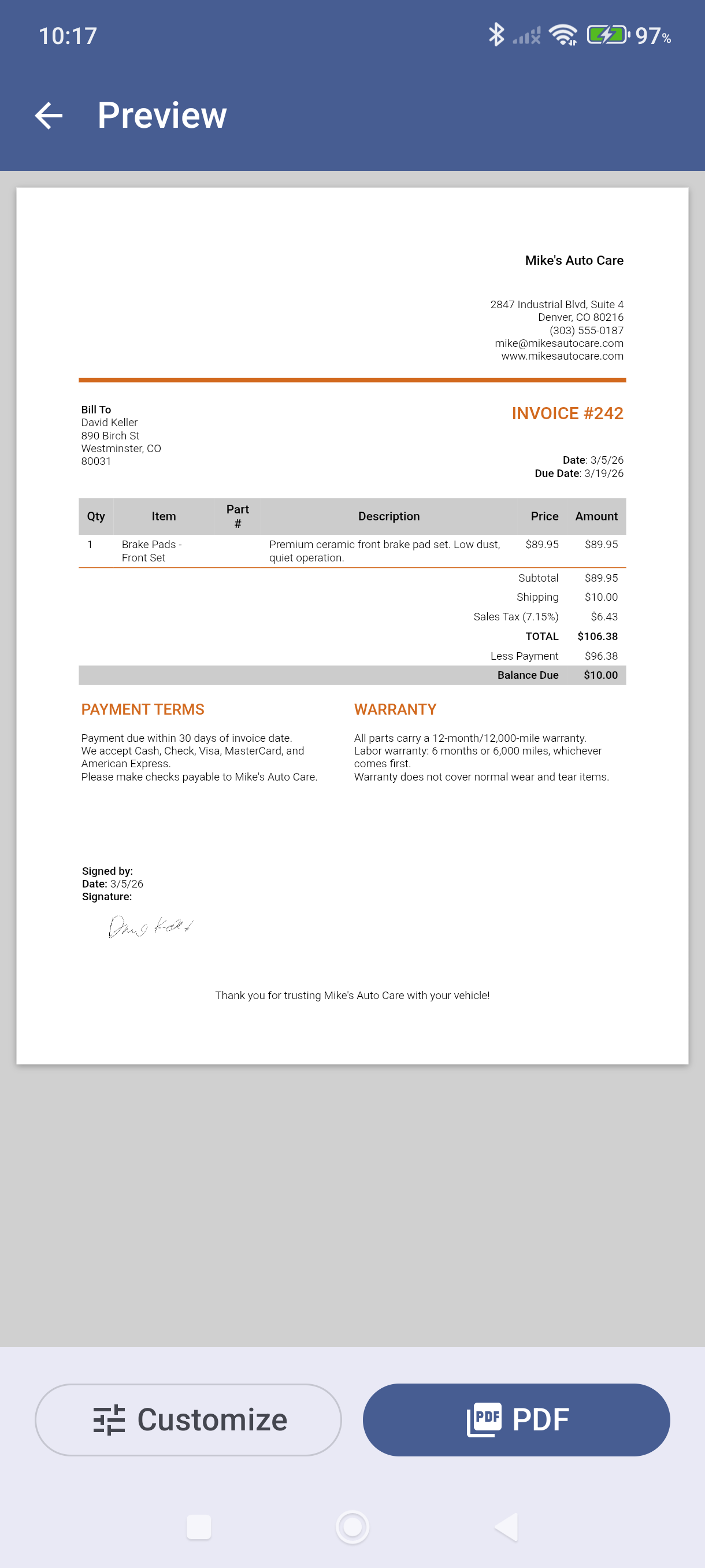 Print Preview screen showing invoice PDF with Customize and PDF buttons