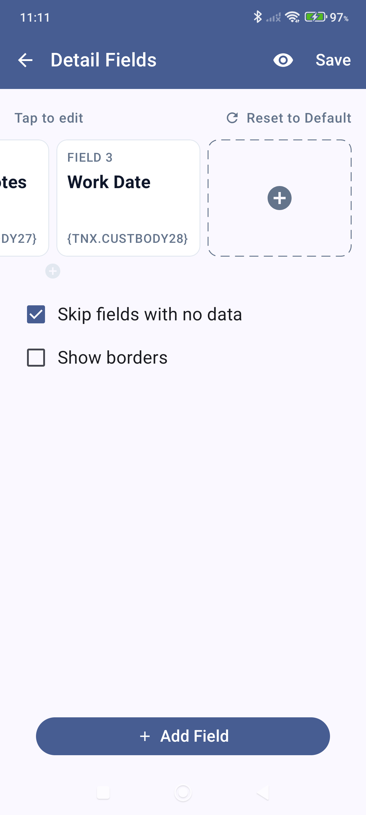 Scrolled right to show the Add Field button