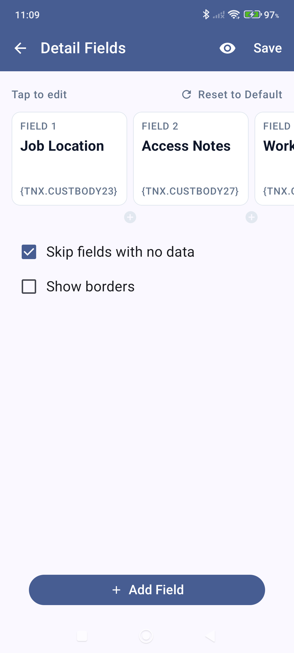 Detail Fields showing three configured field cards