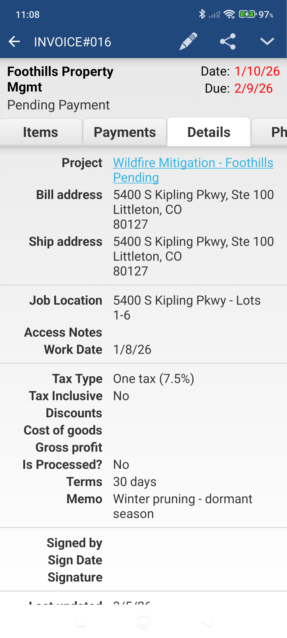 Invoice Details tab showing the linked project