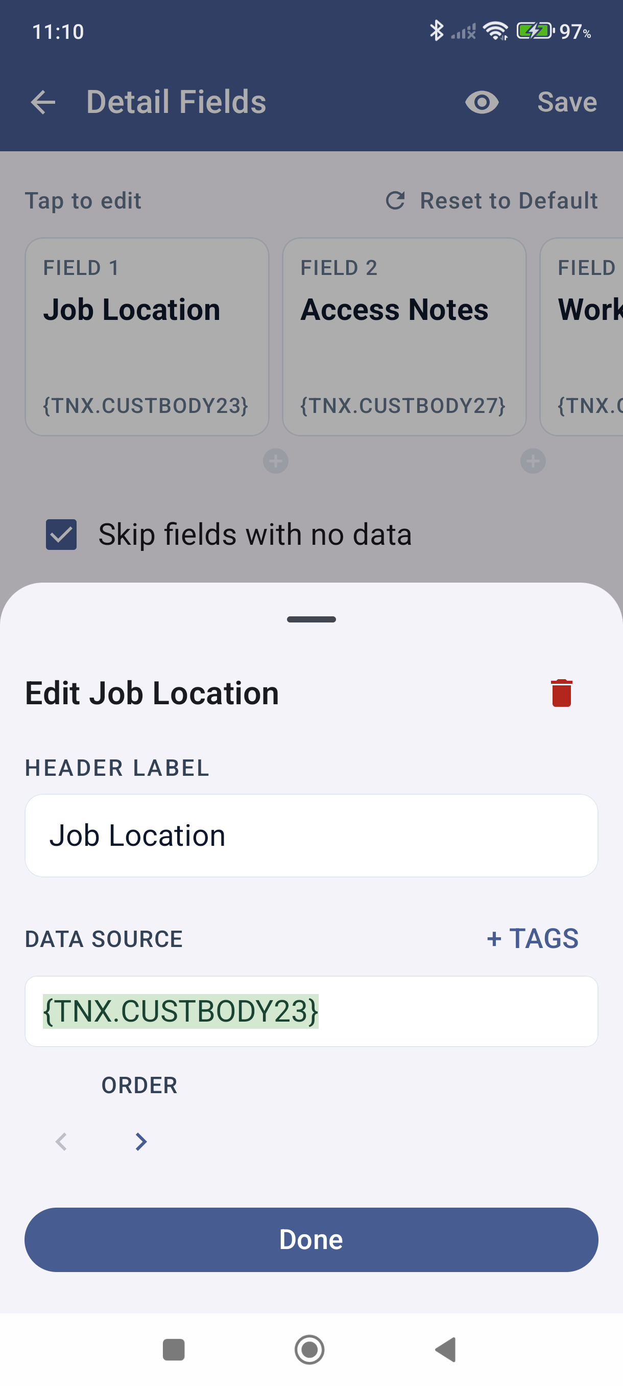 Edit field bottom sheet with Header Label, Data Source, and TAGS button