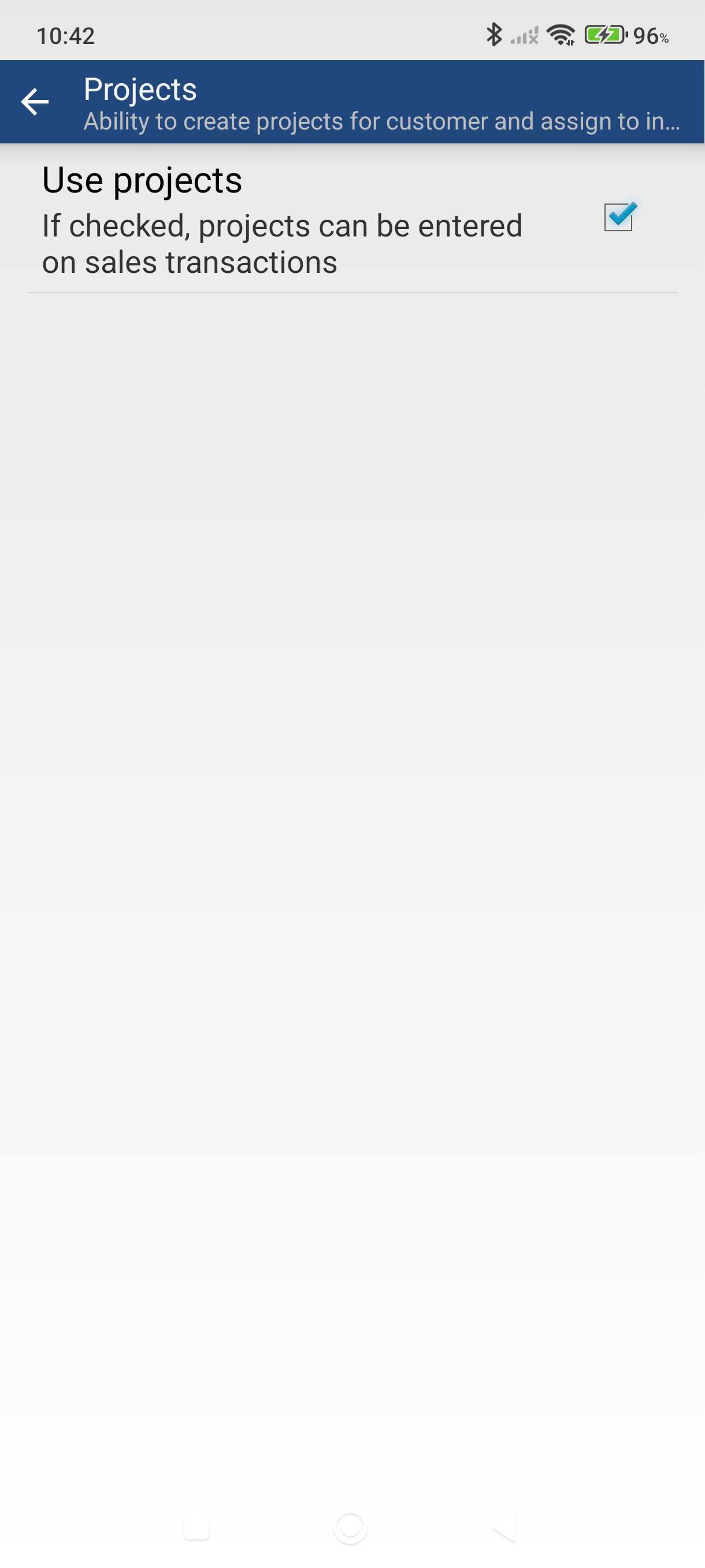 Projects screen with Use projects checkbox enabled