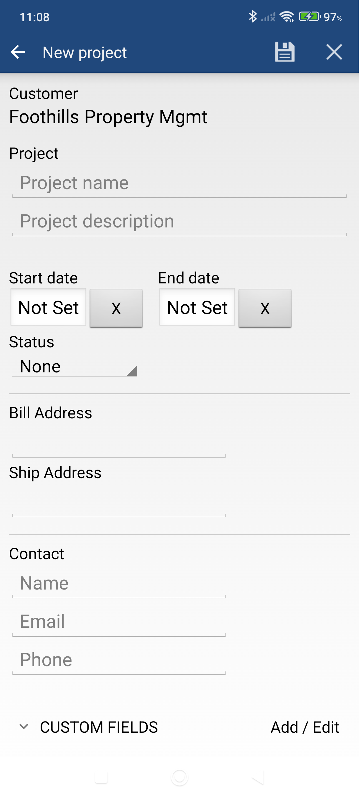 New Project form showing project fields