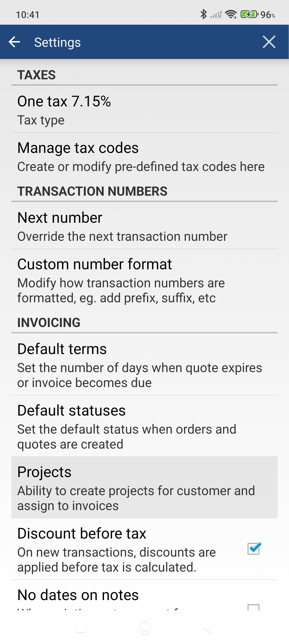 Settings screen with Projects option under Invoicing