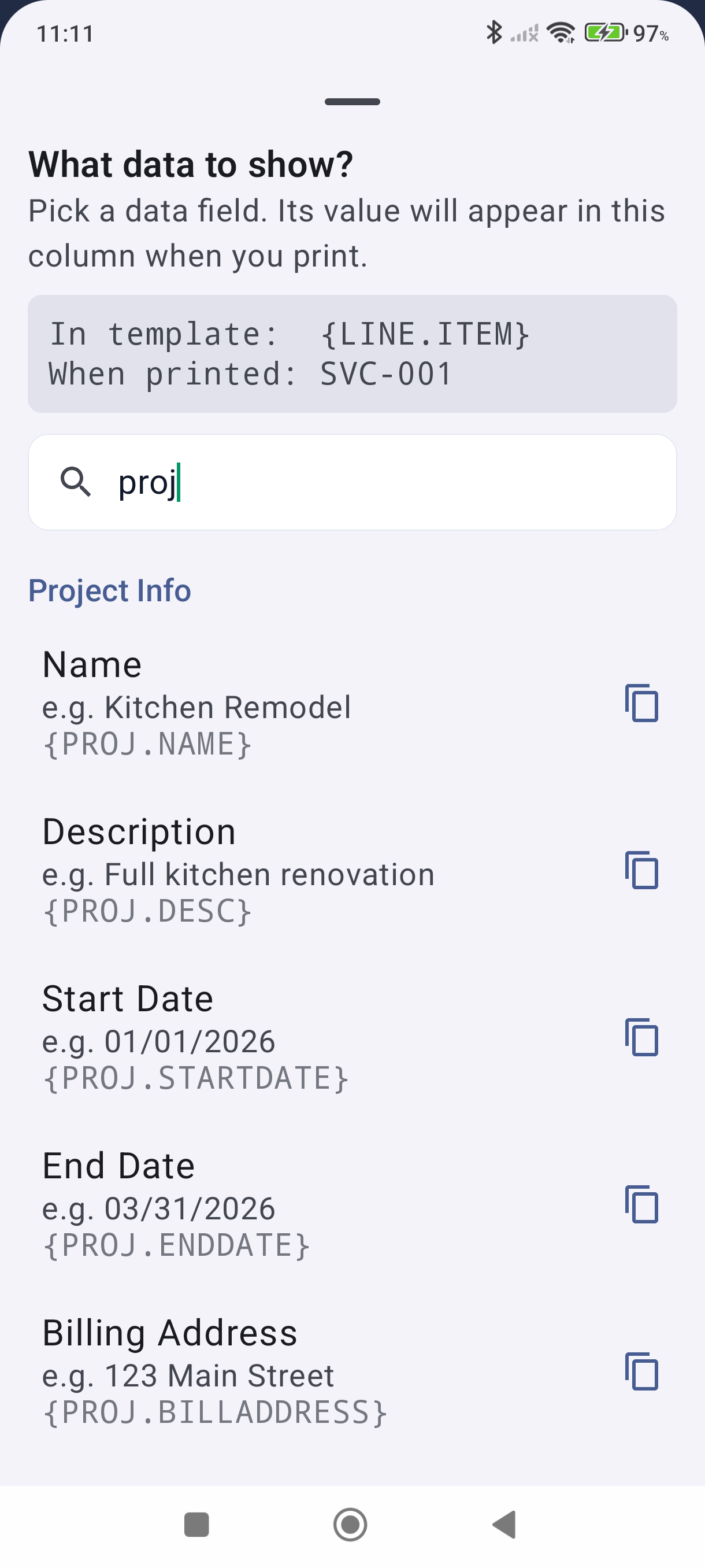 Tags picker filtered to project tags showing PROJ.NAME, PROJ.DESC, and more