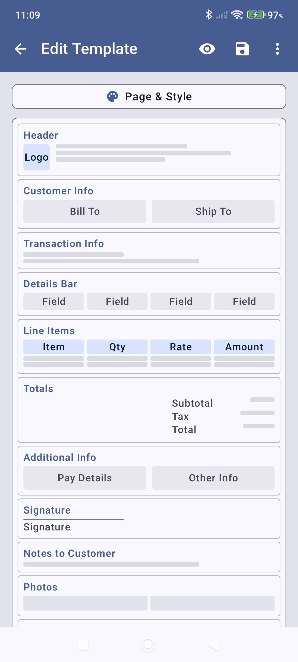 Template editor showing all sections including Detail Fields