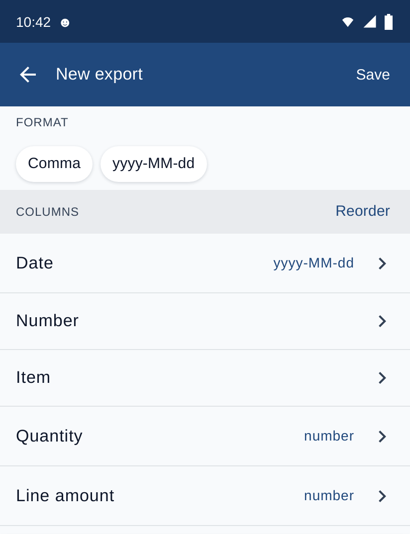 Designer screen showing the five columns: Date, Number, Item, Quantity, Line amount