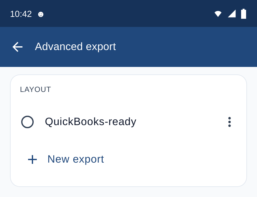 Advanced export list with saved layouts and a New export row