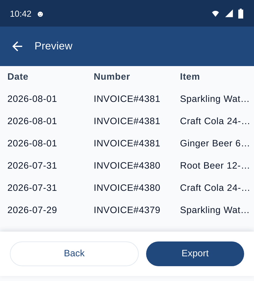 Preview screen with real rows and the Export button