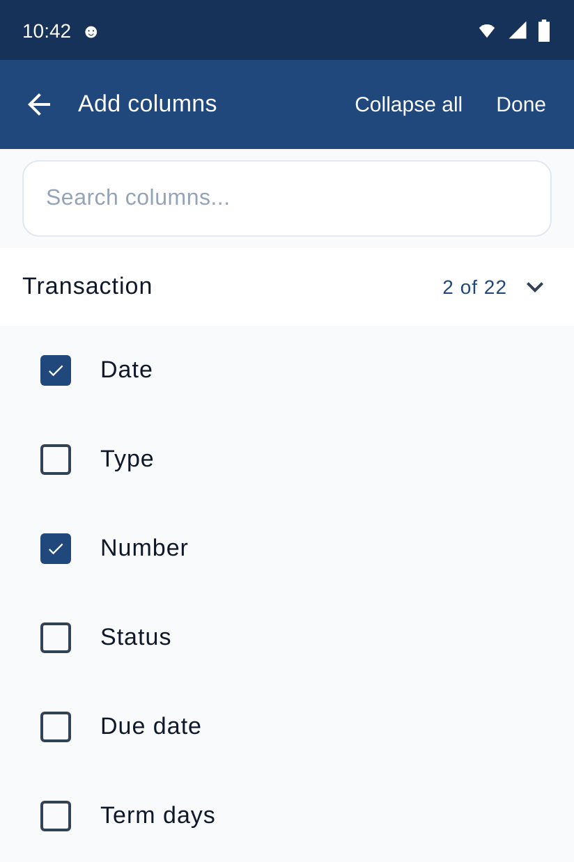 Add columns screen with the Transaction source open: Date and Number ticked, the other columns unticked