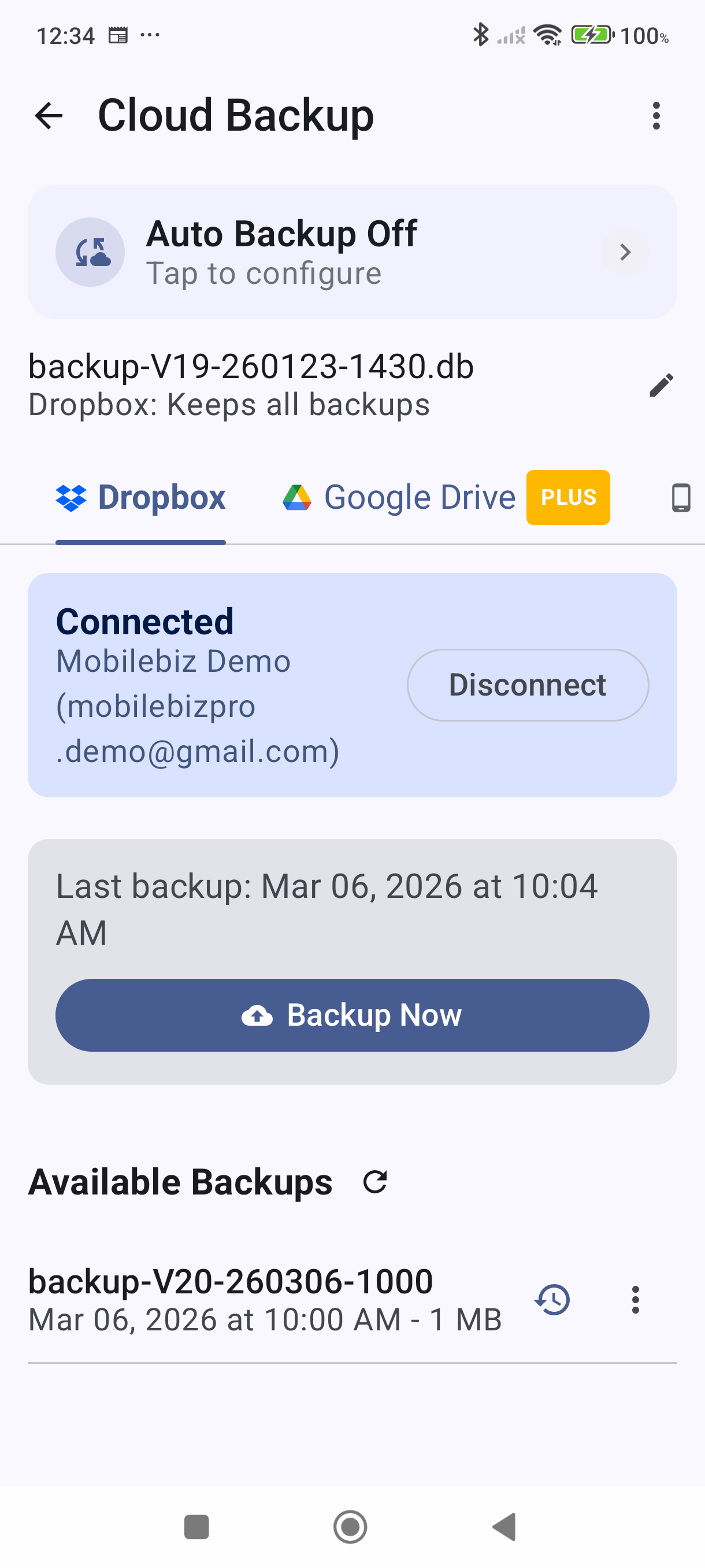 Available Backups list showing a completed backup