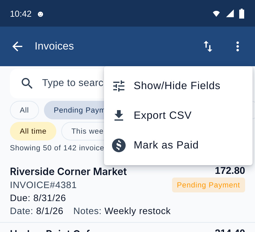 Invoices list with the three-dot menu open showing Export CSV