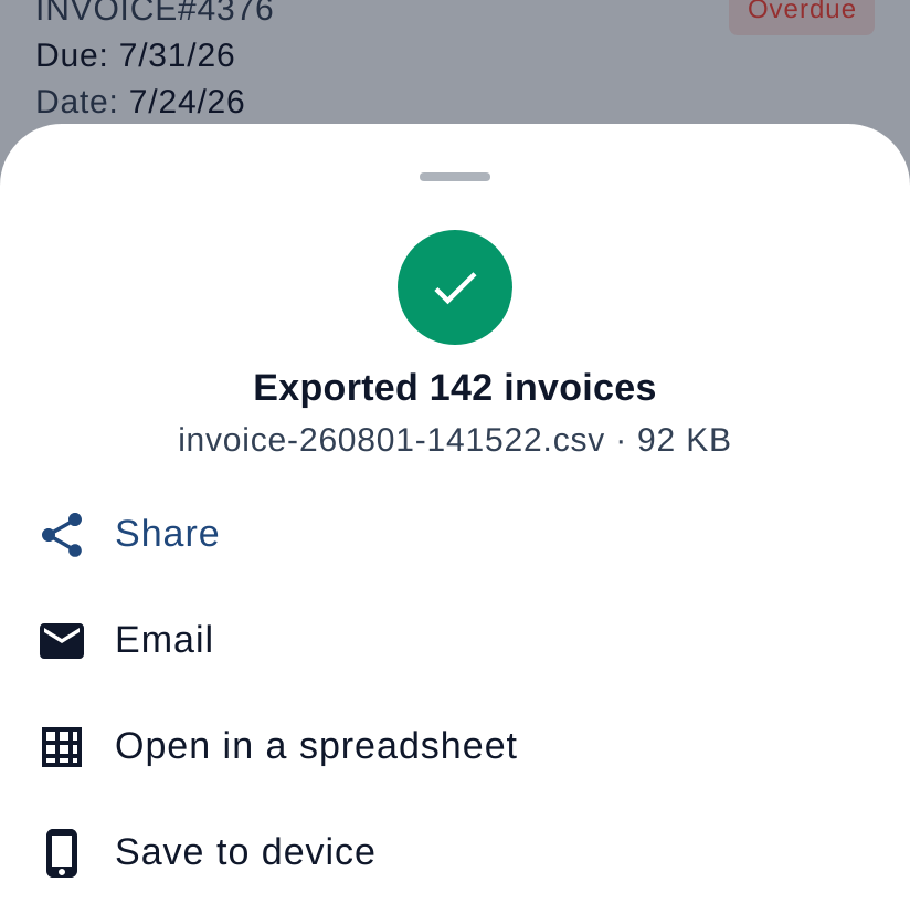 Result sheet after export showing Share, Email, Open in a spreadsheet, and Save to device