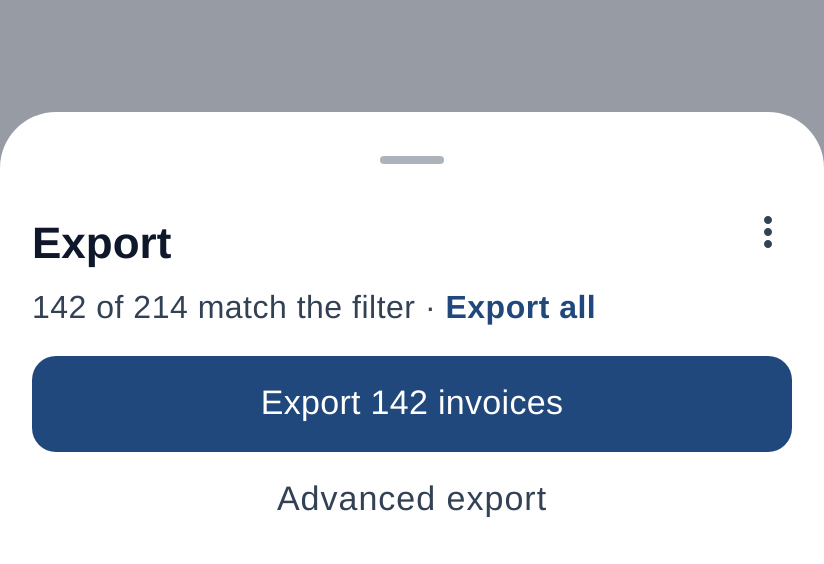 The Export sheet showing the record count, the Export button, and the Advanced export row