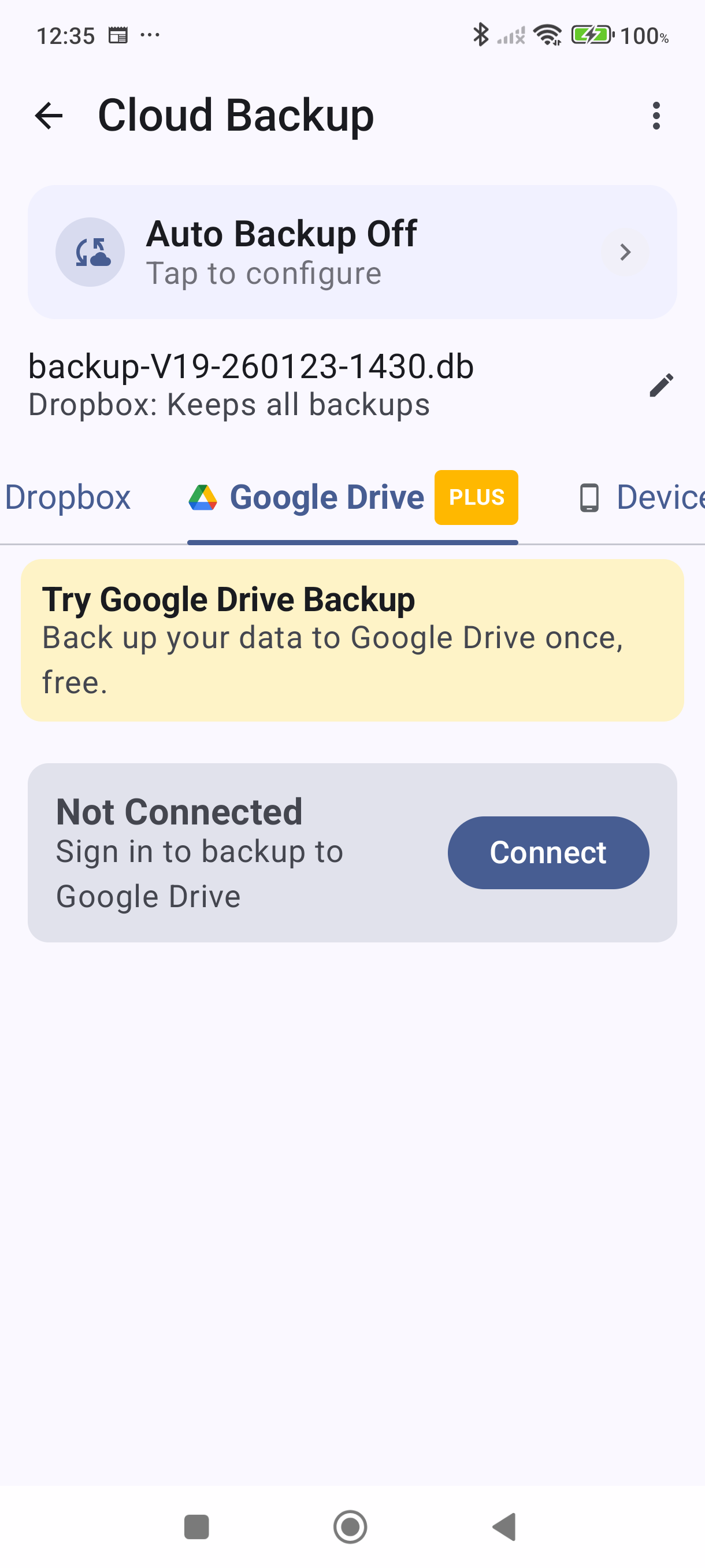 Cloud Backup screen with Google Drive tab selected