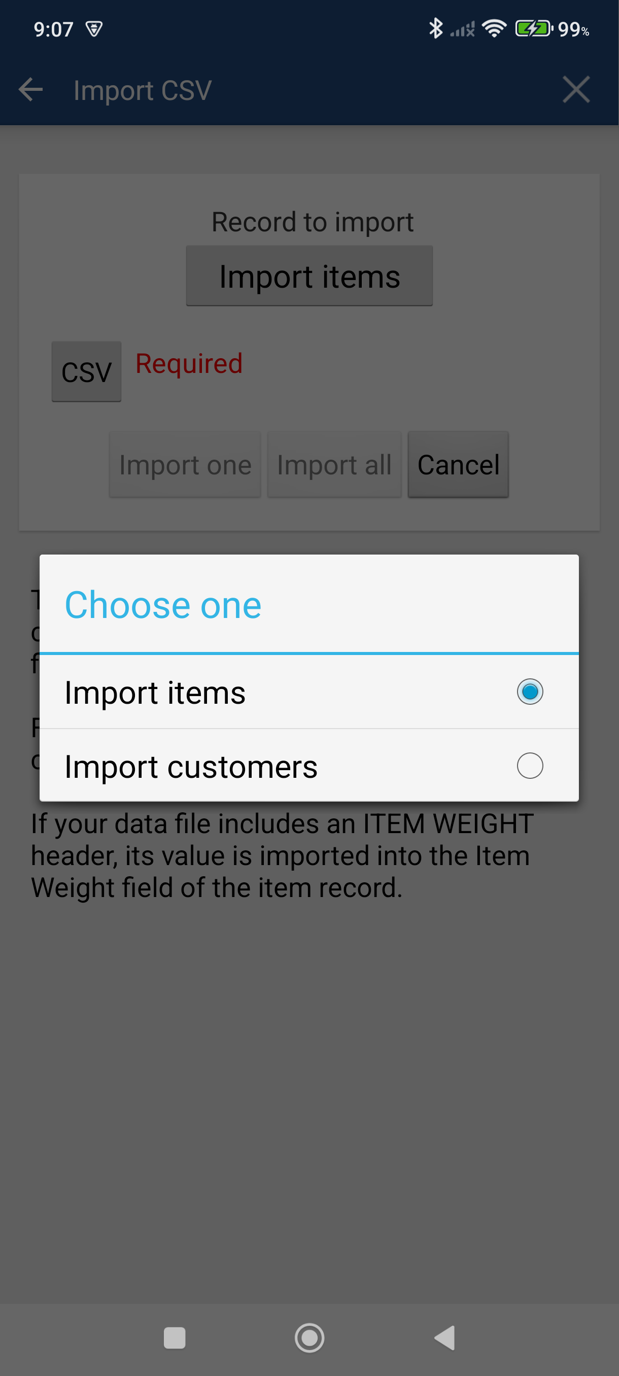 Record type selector showing Import customers