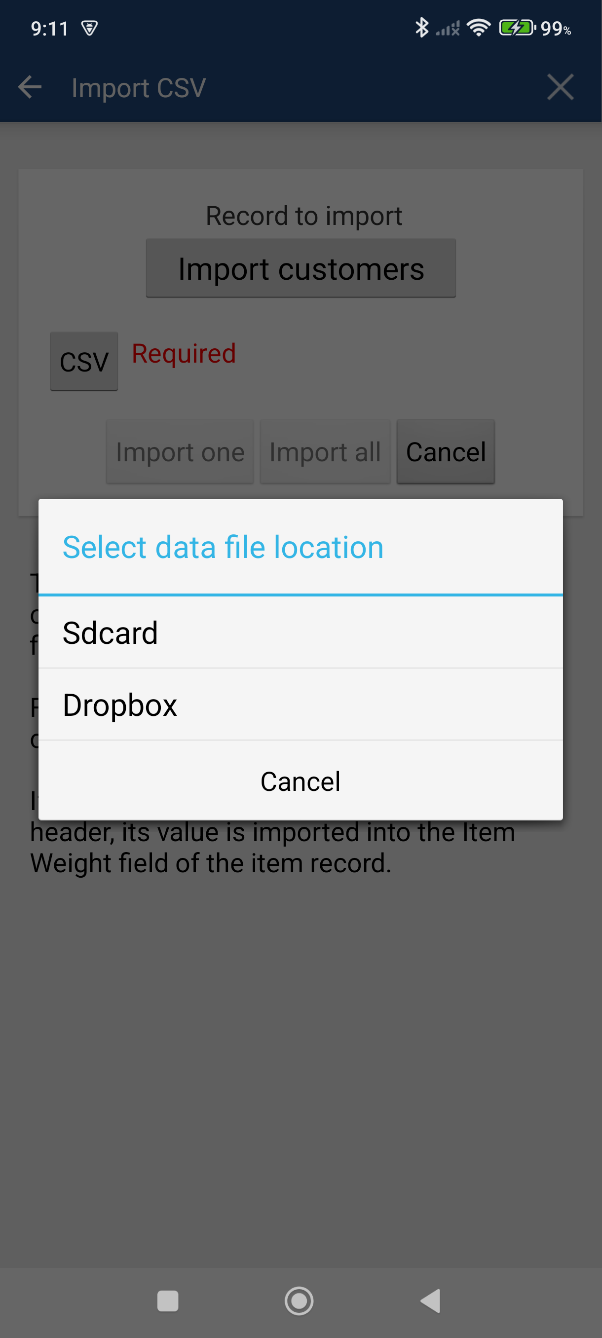 File source picker showing Sdcard and Dropbox options