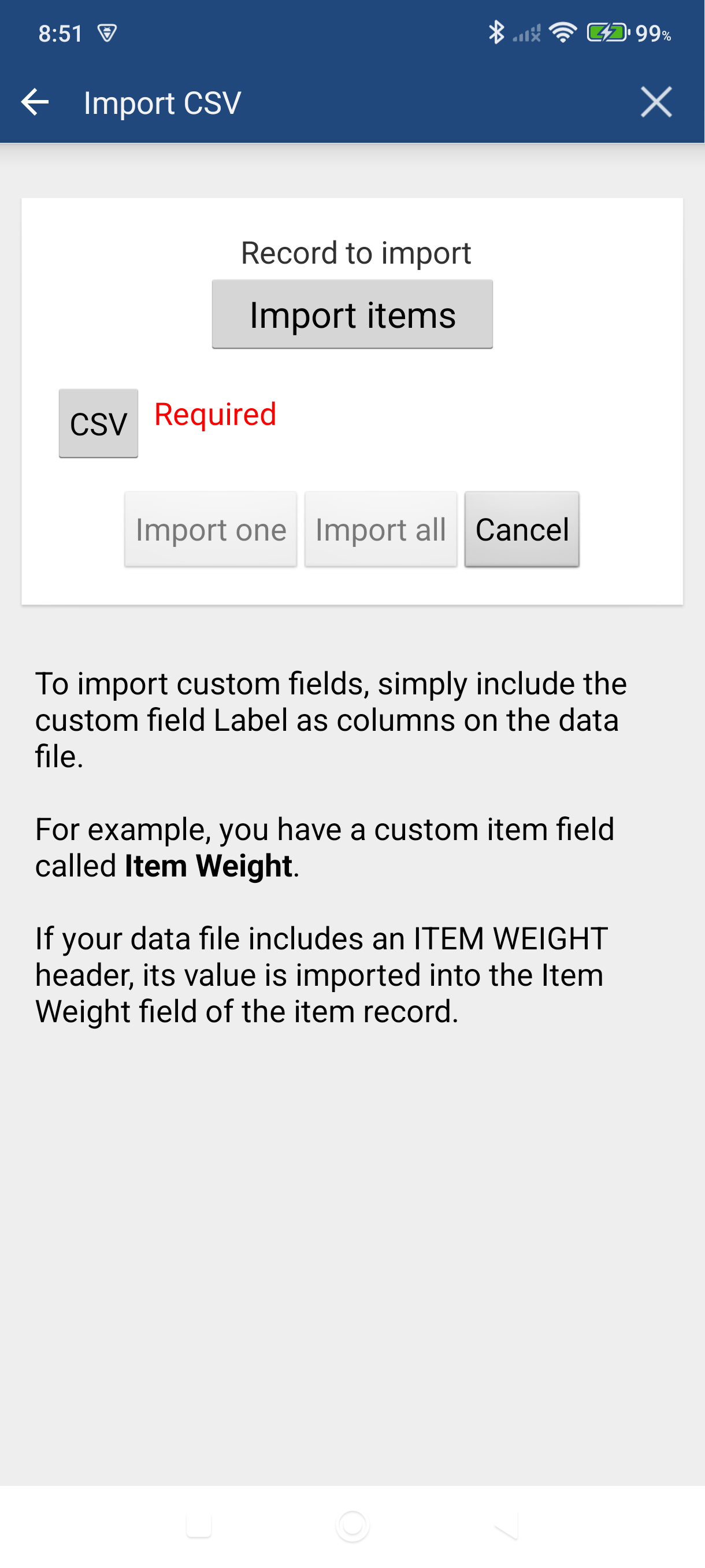 Import screen with Import One and Import All buttons