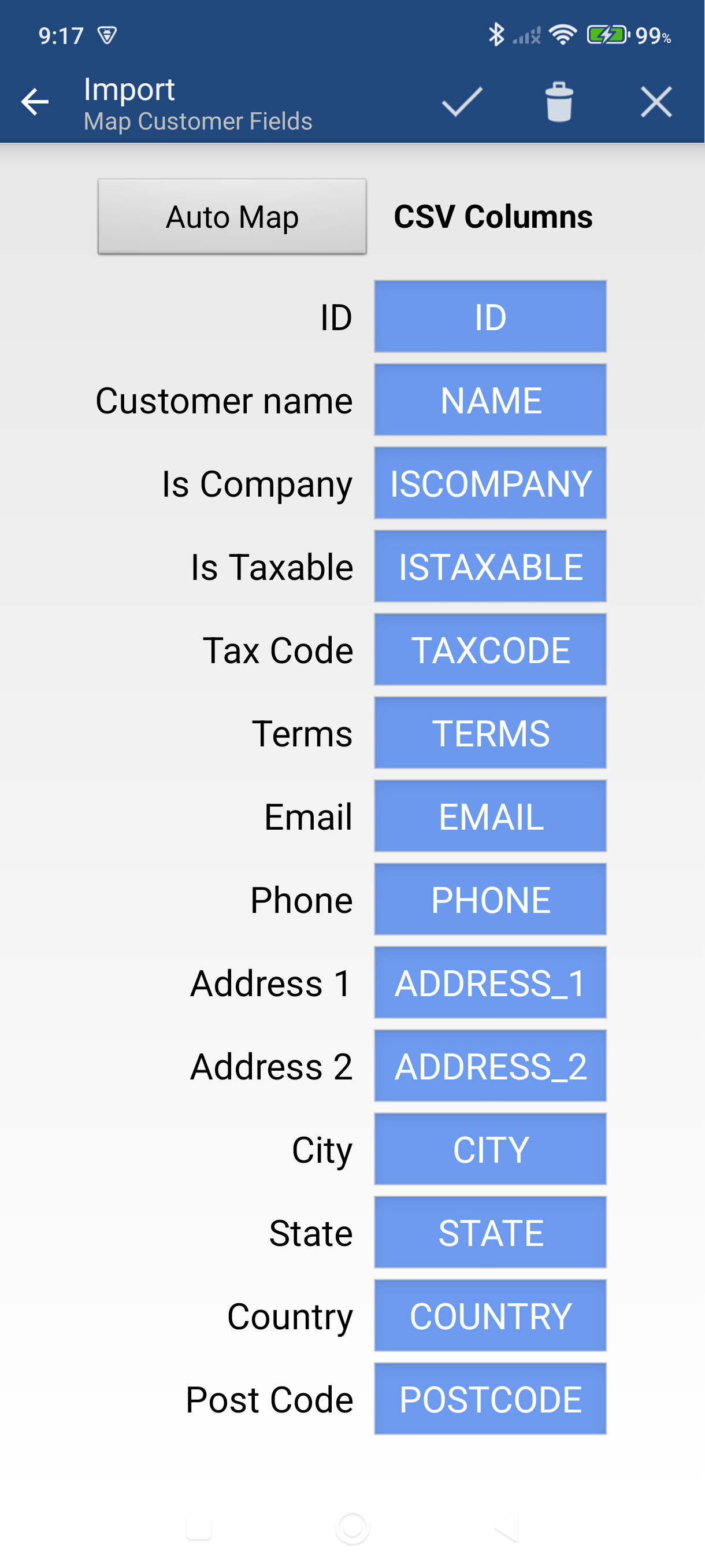 Field mapping screen with Auto Map button