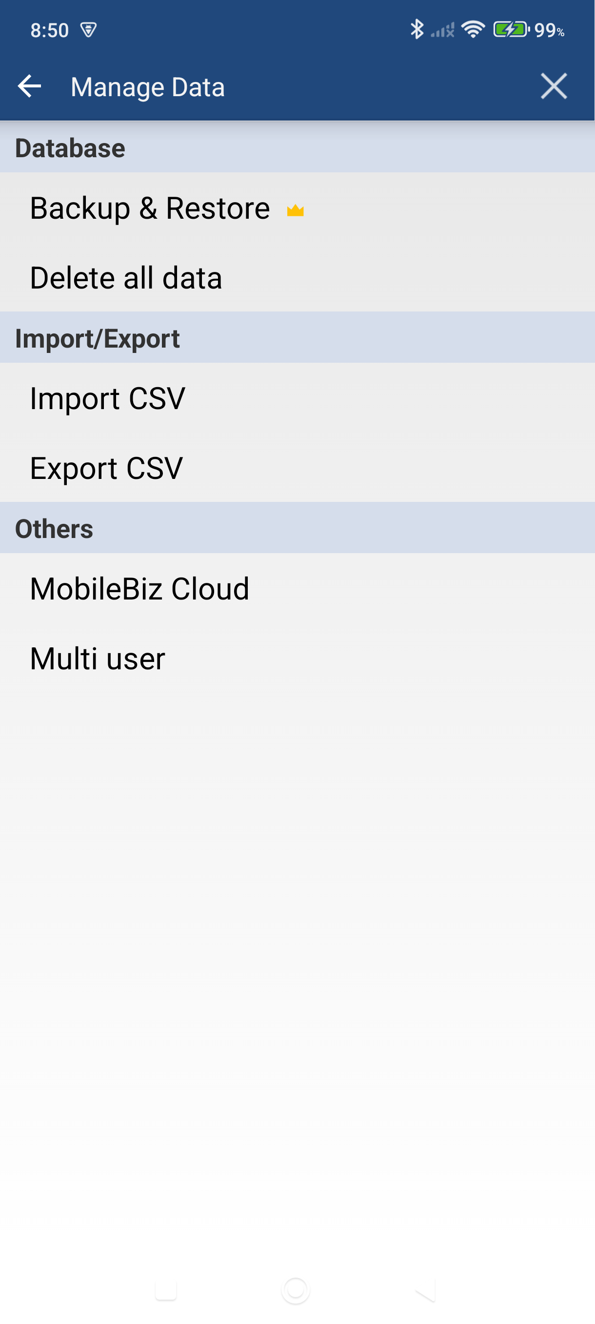 Manage Data screen with Backup and Restore option