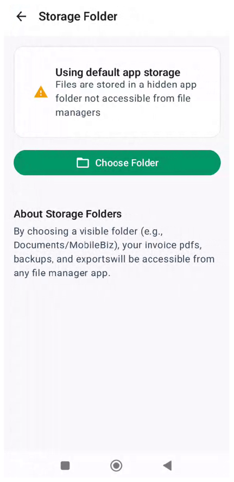 Storage Folder screen showing the default app storage warning and Choose Folder button
