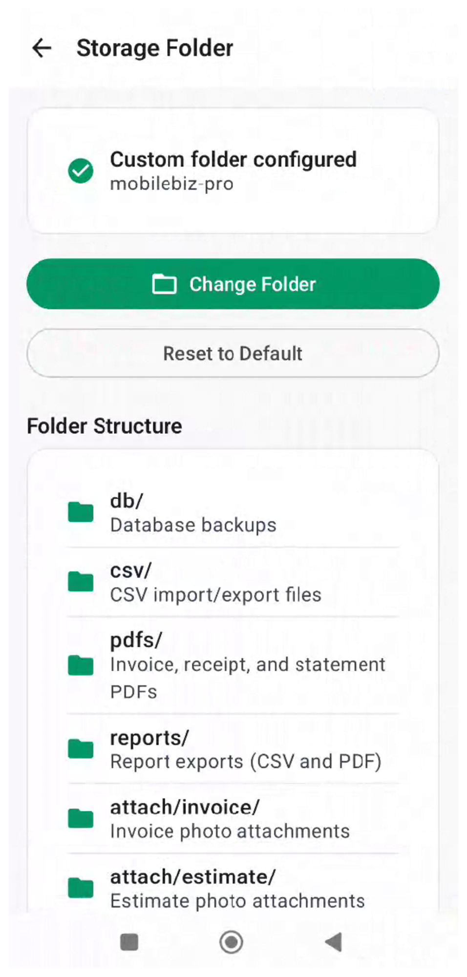 Storage Folder screen showing Custom folder configured with green checkmark and folder structure