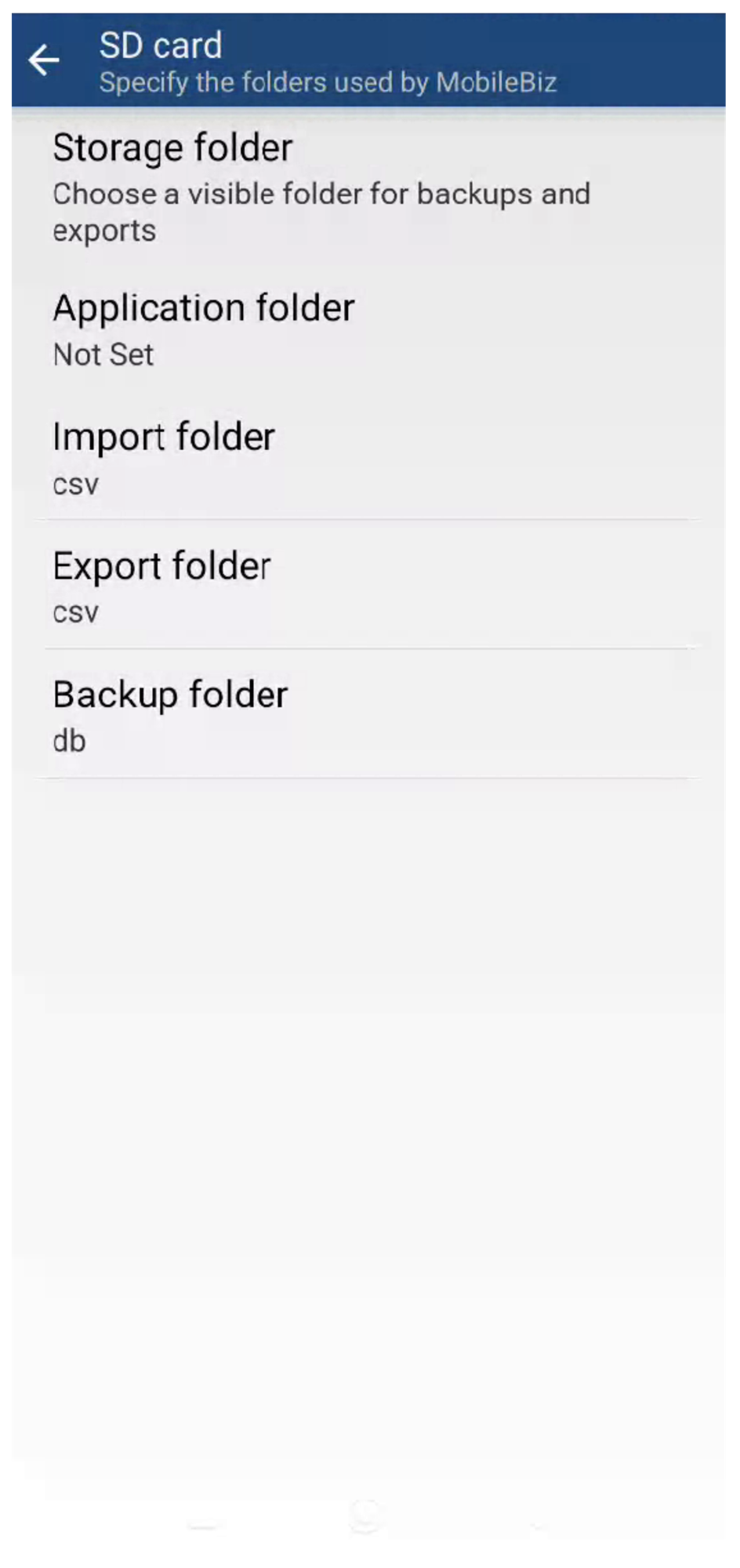 SD card screen showing Storage folder, Application folder, Import folder, Export folder, and Backup folder settings
