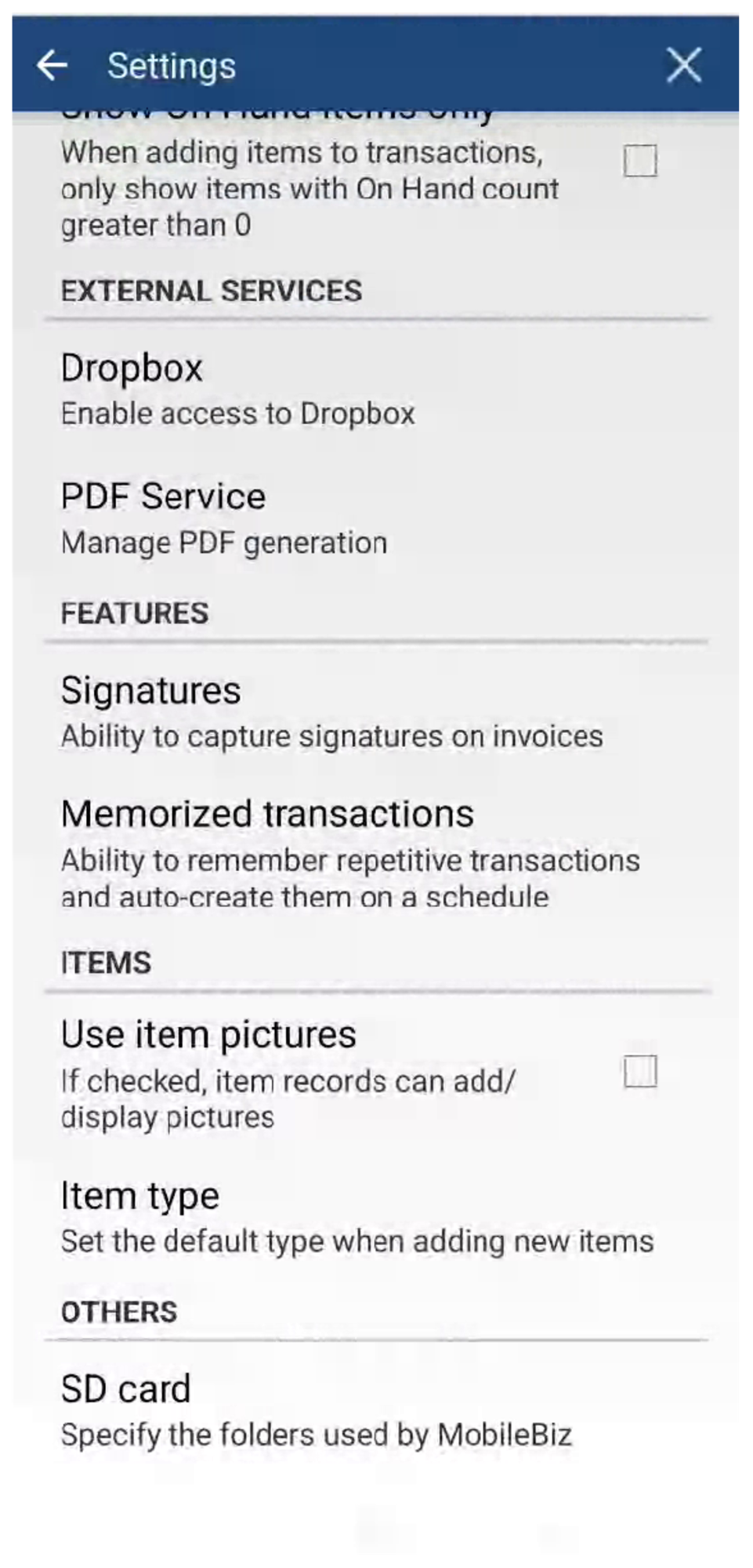 Settings screen showing SD card option under the OTHERS section
