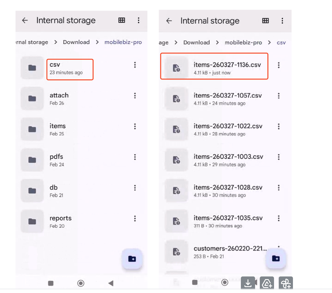 Files by Google showing the mobilebiz-pro folder contents and exported CSV files inside the csv subfolder