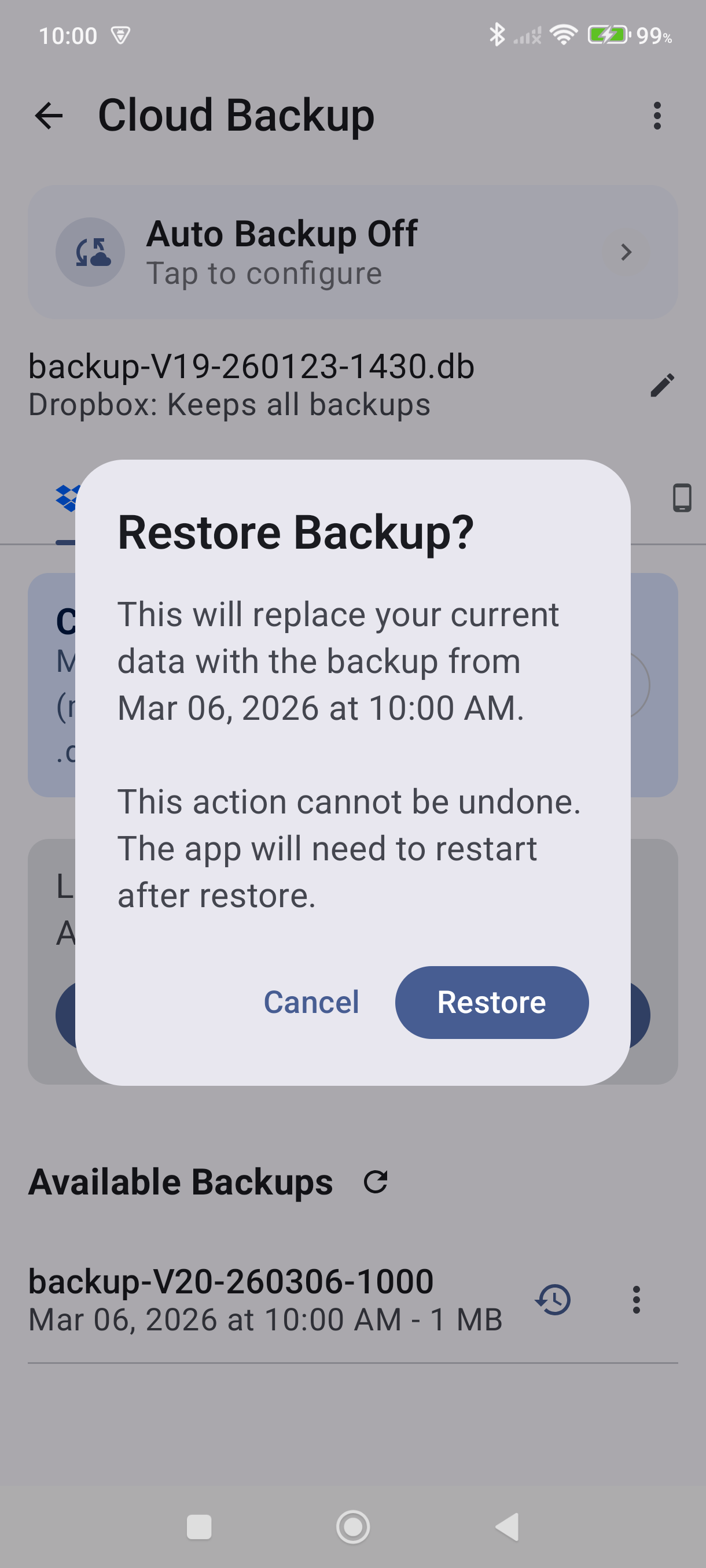 Restore confirmation prompt