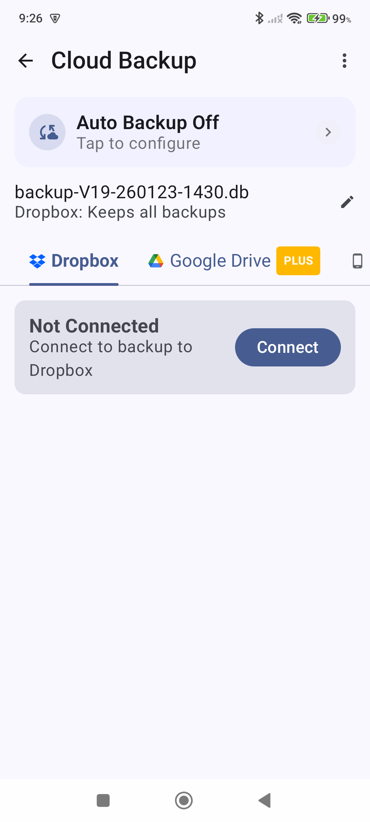 Cloud Backup screen with Dropbox tab selected