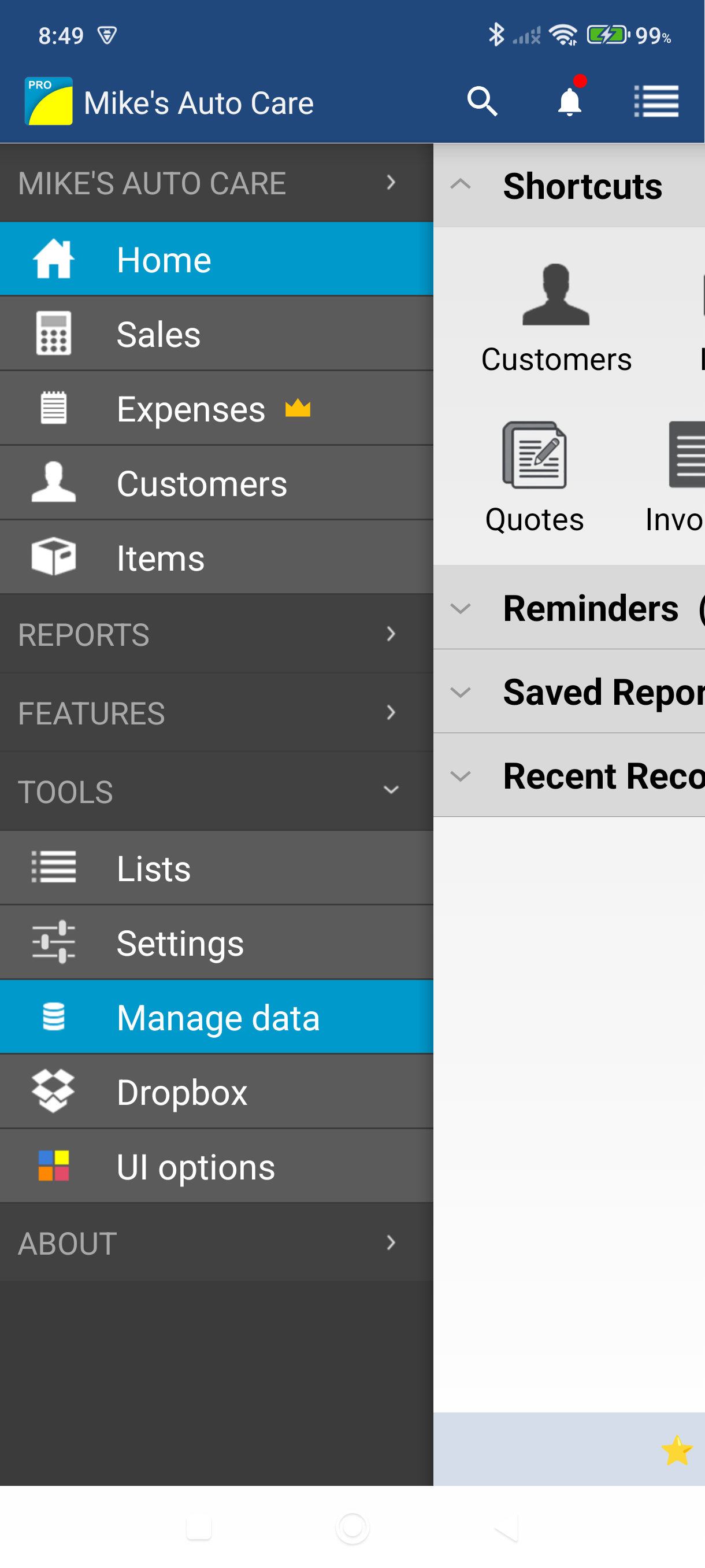 Side menu with Manage Data highlighted