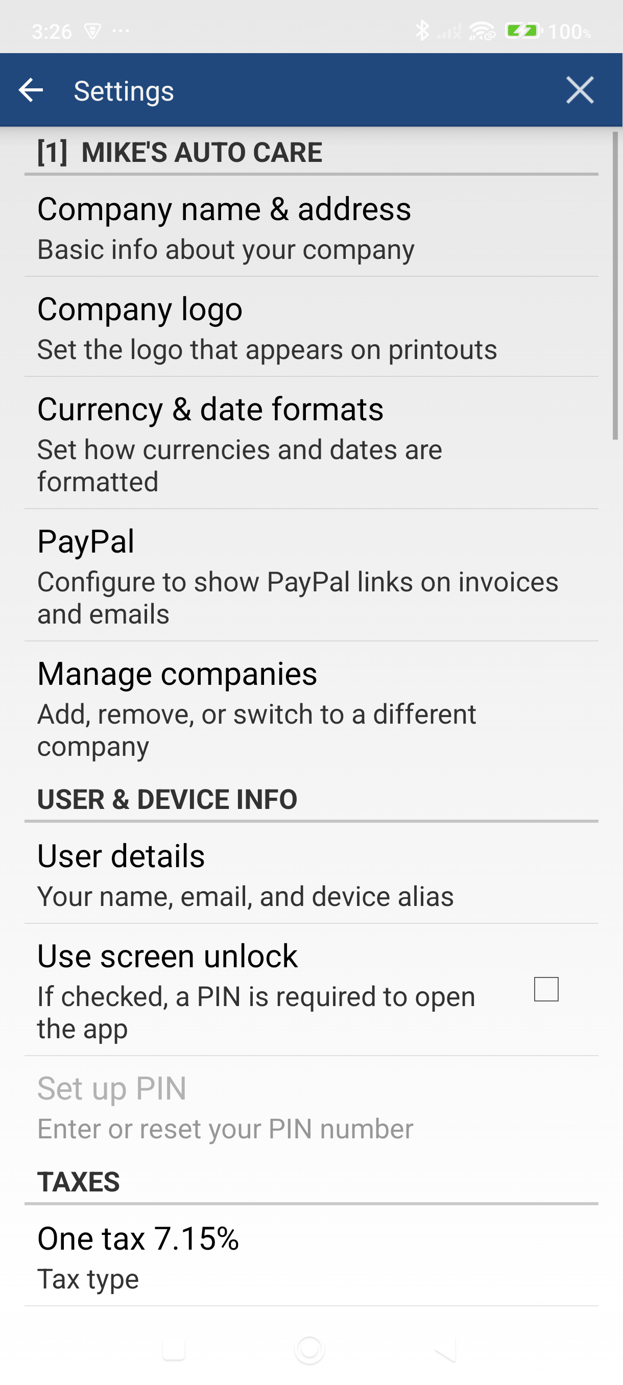 Settings screen with Company logo option highlighted