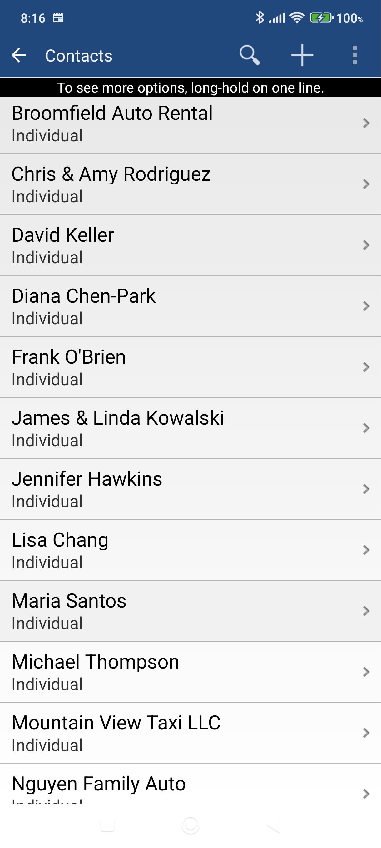 Customer list screen with + icon in toolbar