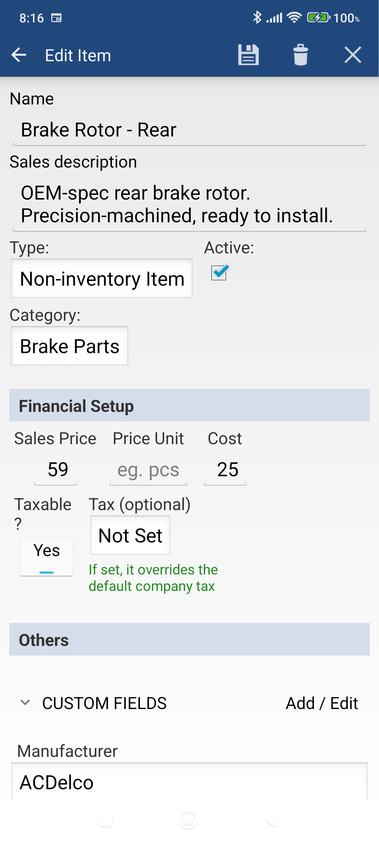 Add Item screen with name, price, and description filled in
