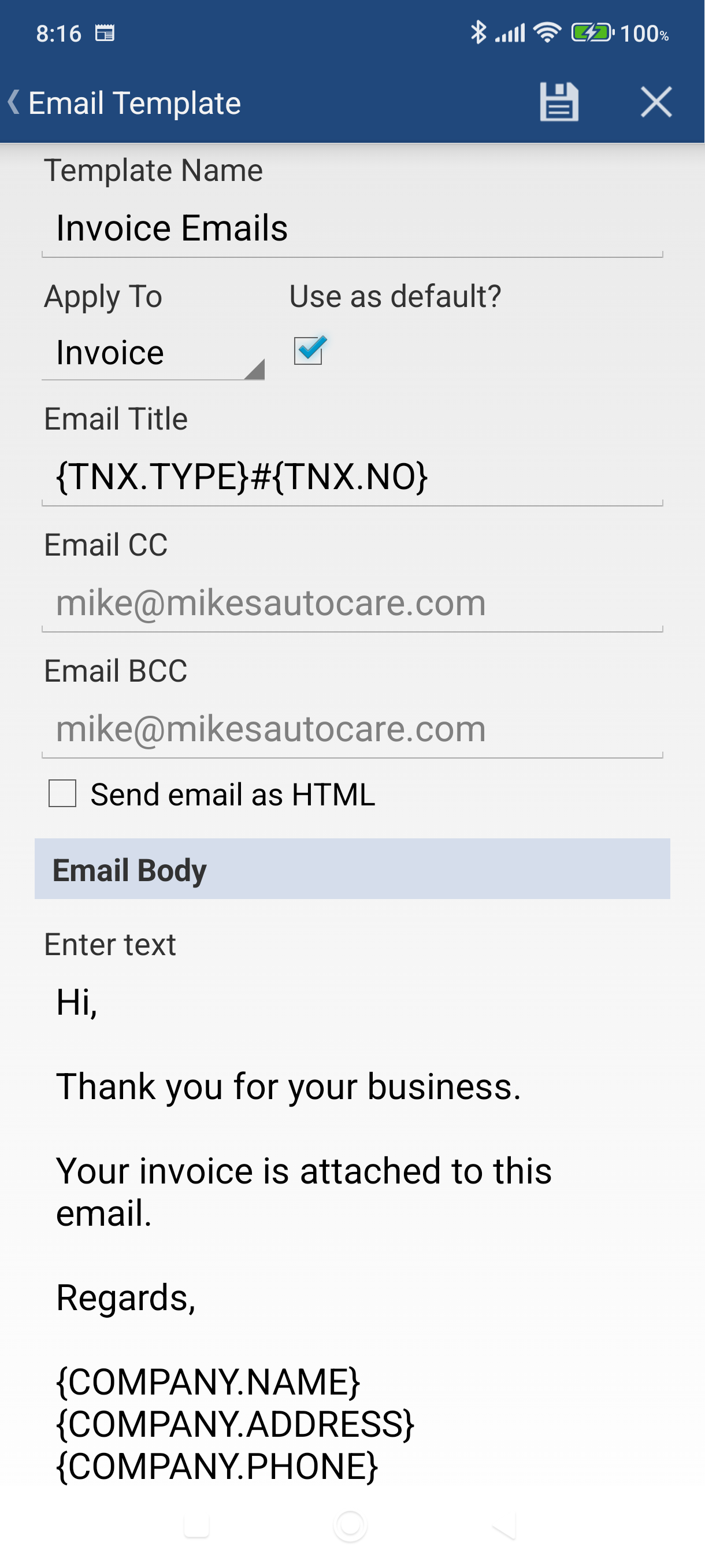 Email template edit screen with all fields filled in