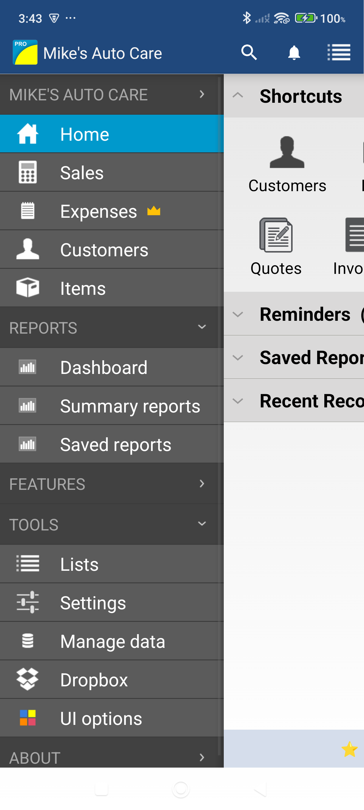 Dashboard top action bar with three-dot menu open showing Lists option