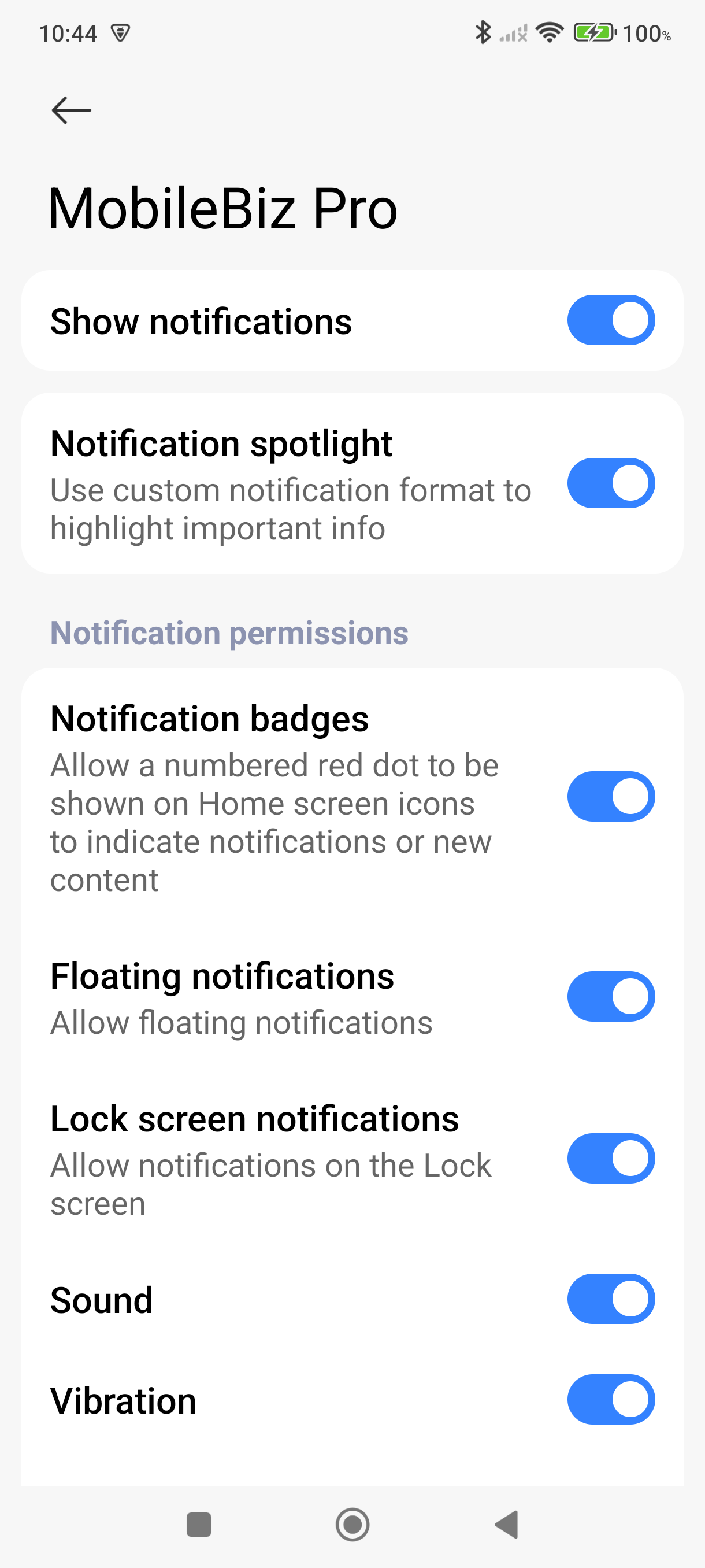 Android notification settings for MobileBiz Pro with Show notifications enabled
