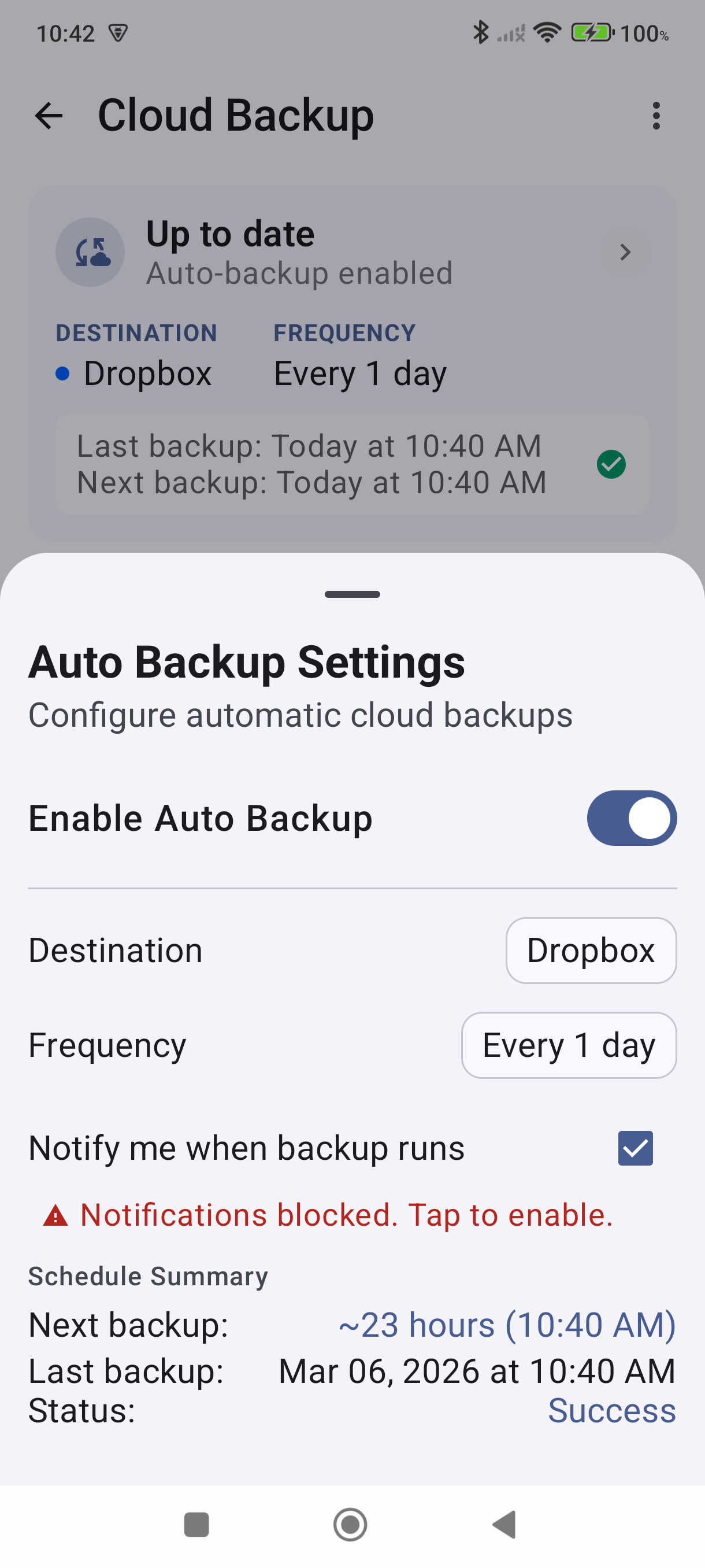 Auto Backup Settings sheet with Enable toggle on and Destination and Frequency selectors visible