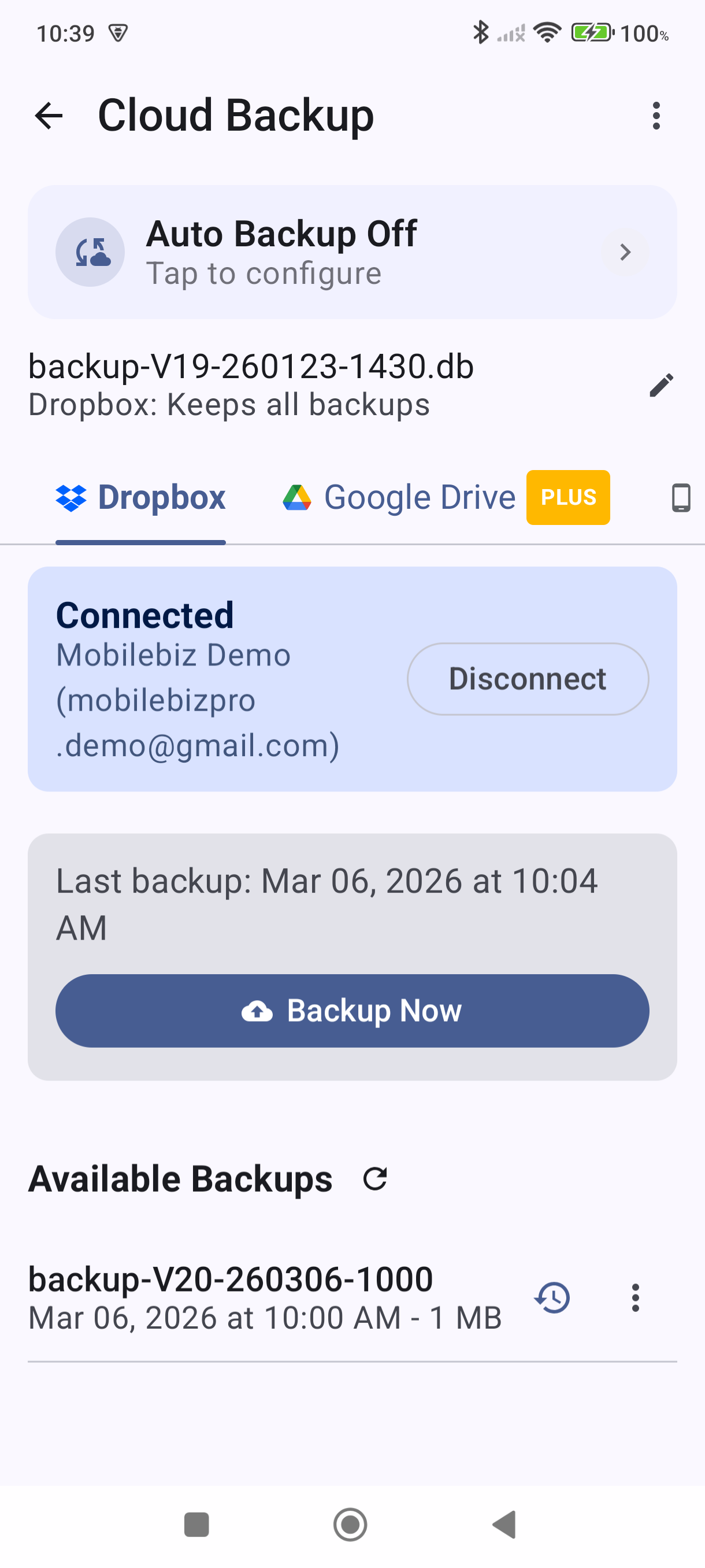 Auto Backup status bar showing Auto Backup Off