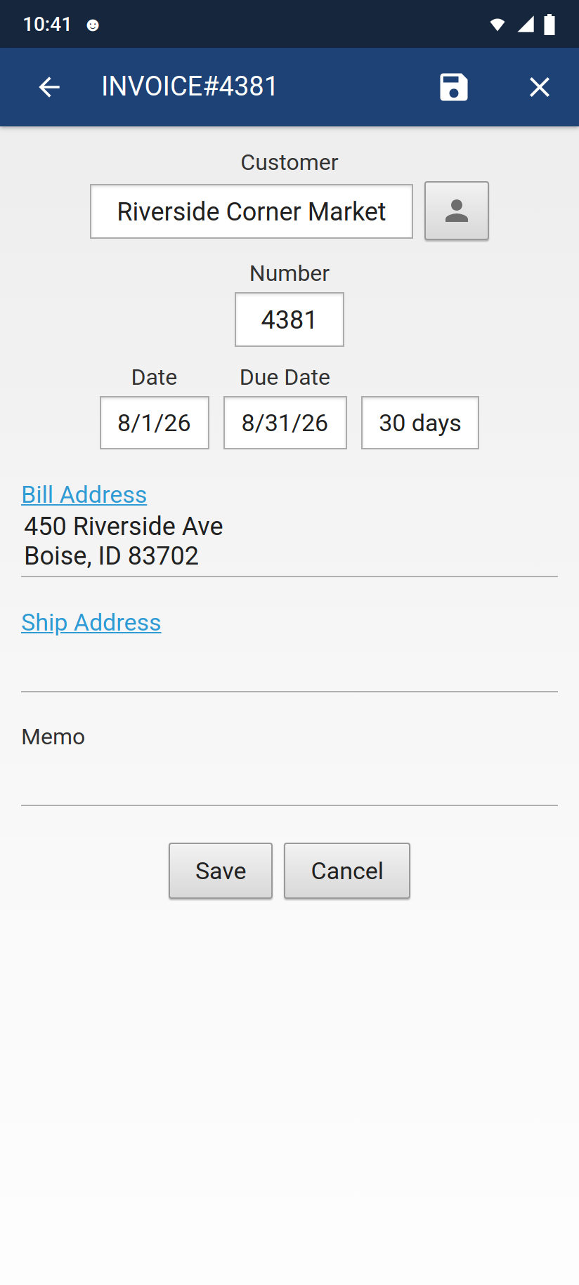 The invoice header screen: customer Riverside Corner Market, number 4381, date, due date, 30 days terms, bill address, ship address, memo, and Save and Cancel buttons