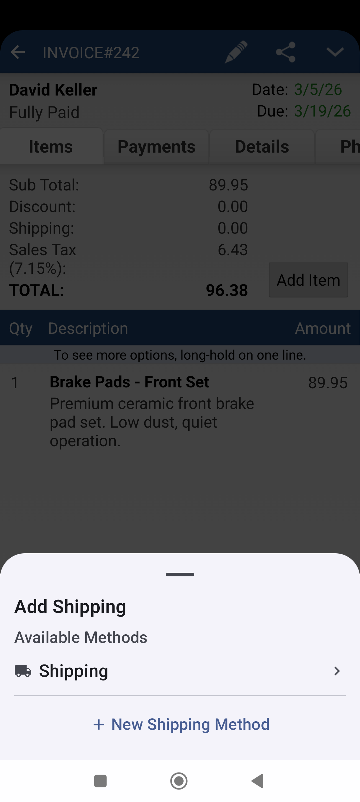 Add Shipping sheet with Available Methods and New Shipping Method button
