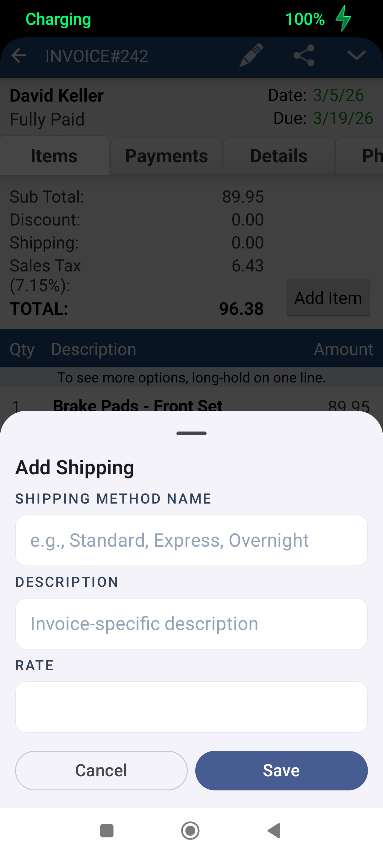 New Shipping Method form with name, description, and rate fields