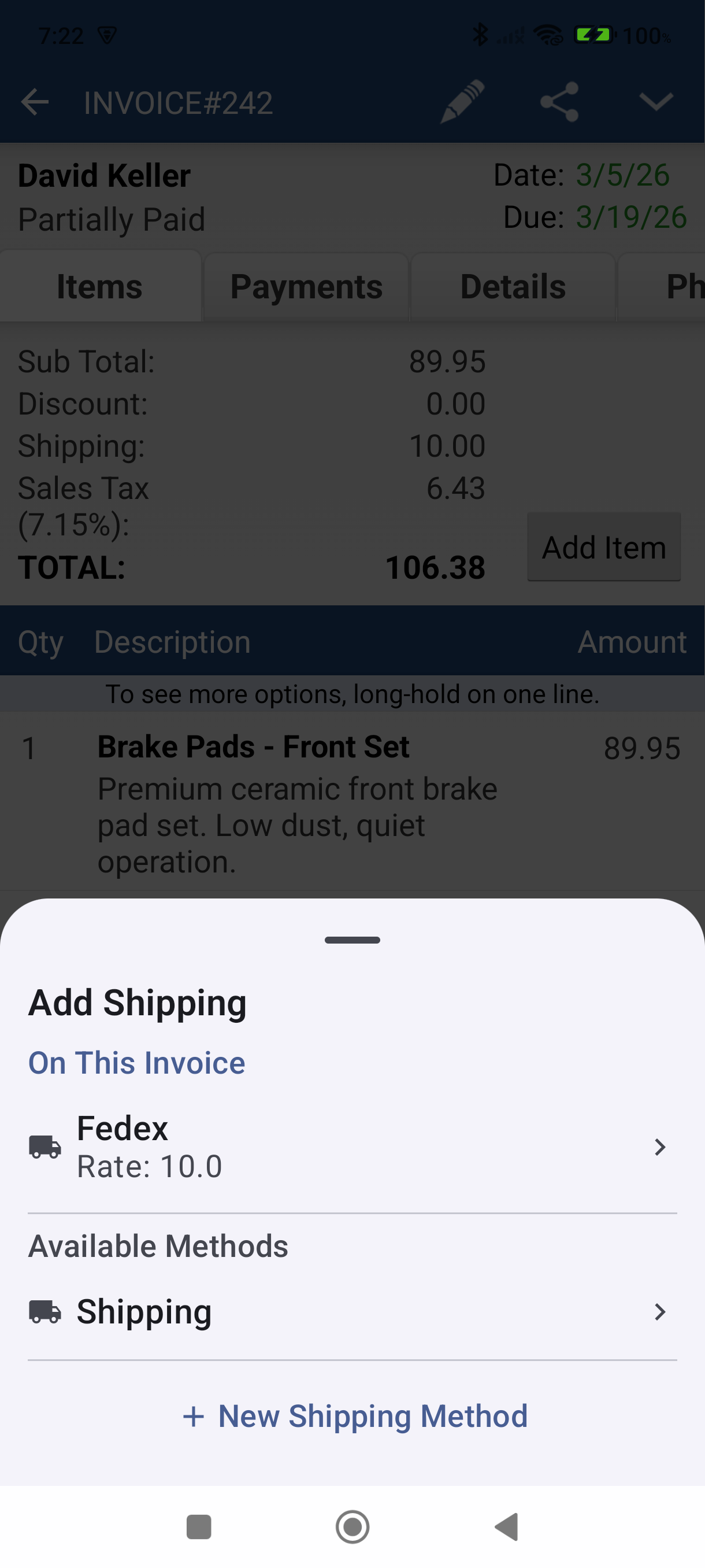 Add Shipping sheet showing On This Invoice section with Fedex and Available Methods below