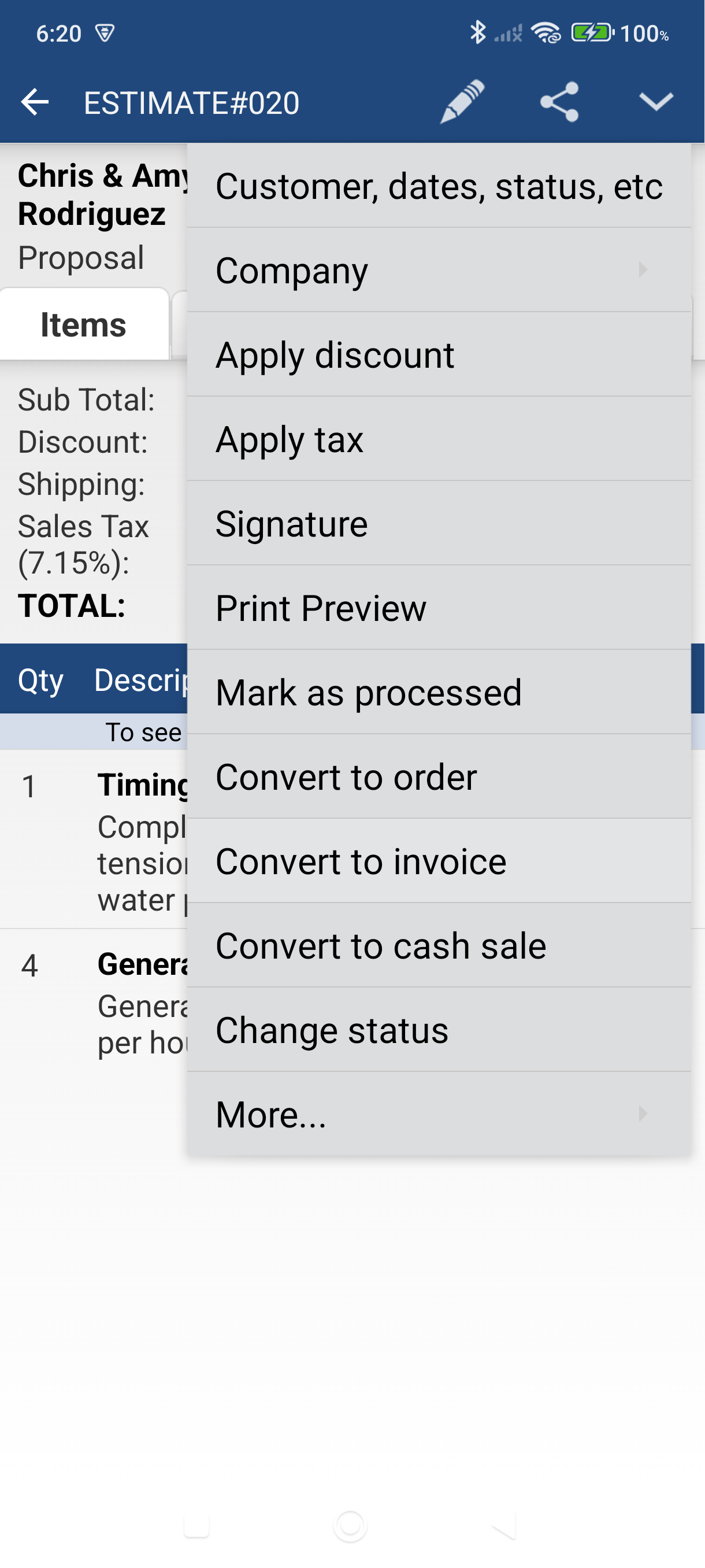 Edit menu open on quote view screen showing Convert to invoice option