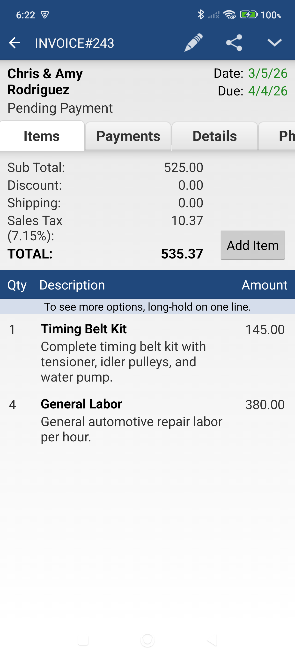 Newly created invoice converted from a quote